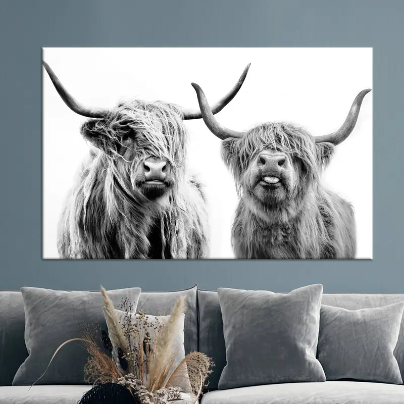 モダンなスコットランドのハイランド牛キャンバスプリント - 農家の装飾