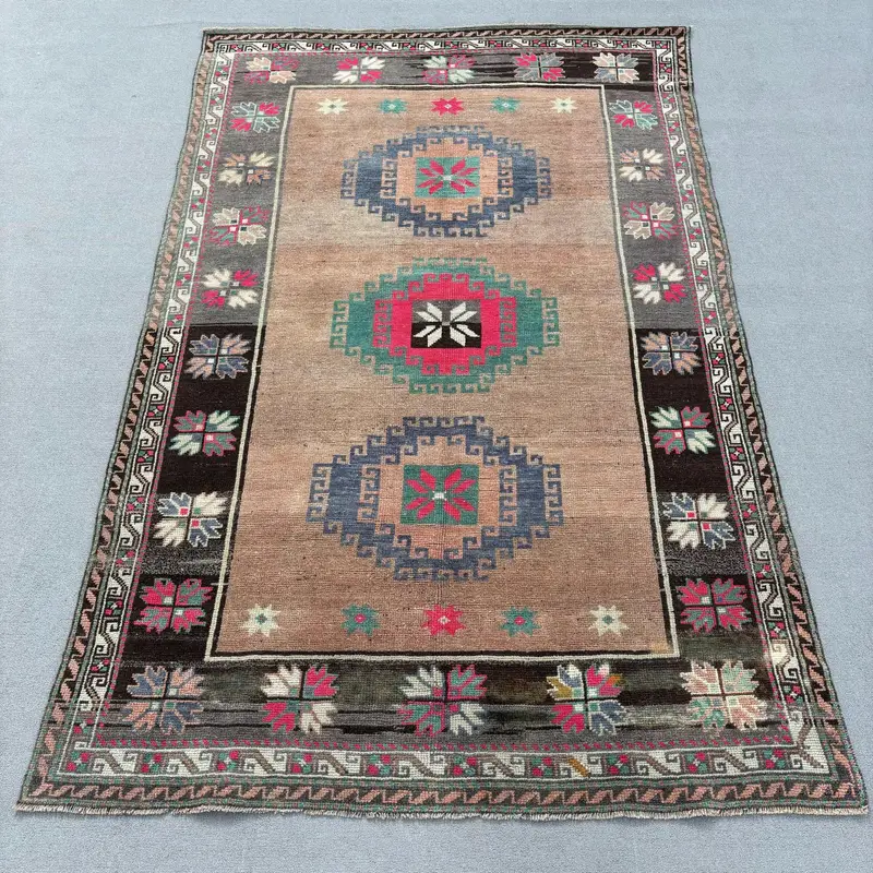 Vintage Oushak Halı 5.5x7.8 ft, Kahverengi Mavi Kamuflaj Yün Türk Halısı - 1