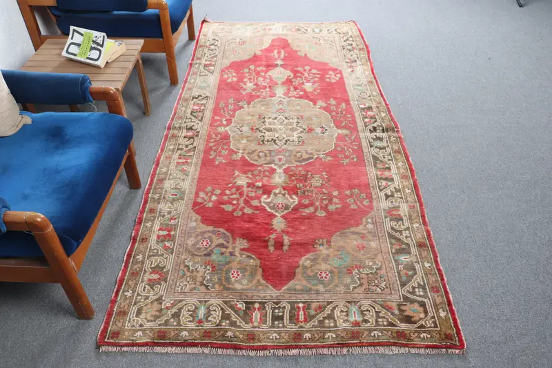 3.9x8.5 ft Rug, Turkish Vintage Rug, Oushak Red Polka dot Rug - 1