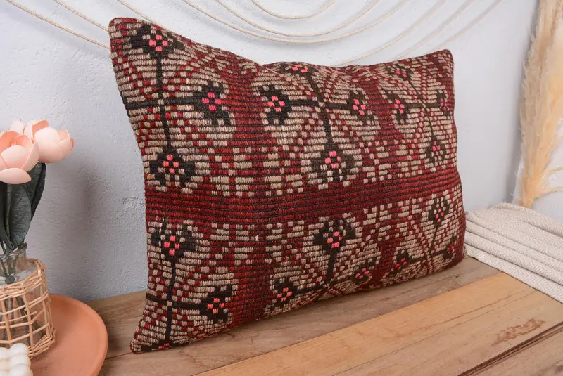 Rot & Beige Blumen Leinen Wurfkissen, 20x28 handgemachtes Kissen