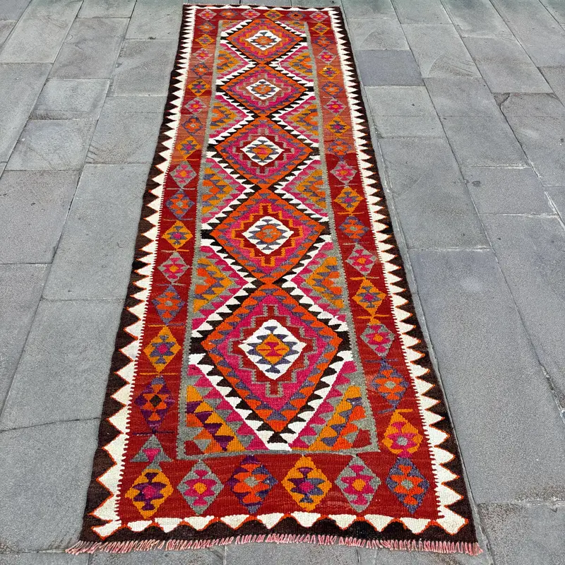 Vintage Turkish Kilim Rug 3x9.9 ft, Red Runner Moroccan Wool Rug - 1