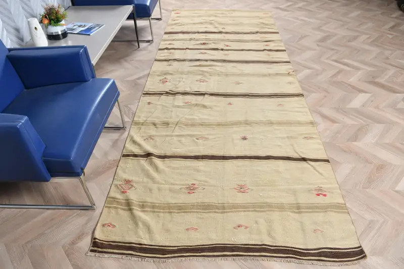 Türkischer Vintage-Kelim-Teppich, 4,1 x 11,1 Fuß, brauner Läufer-Teppich aus Wolle mit Tarnmuster - 1