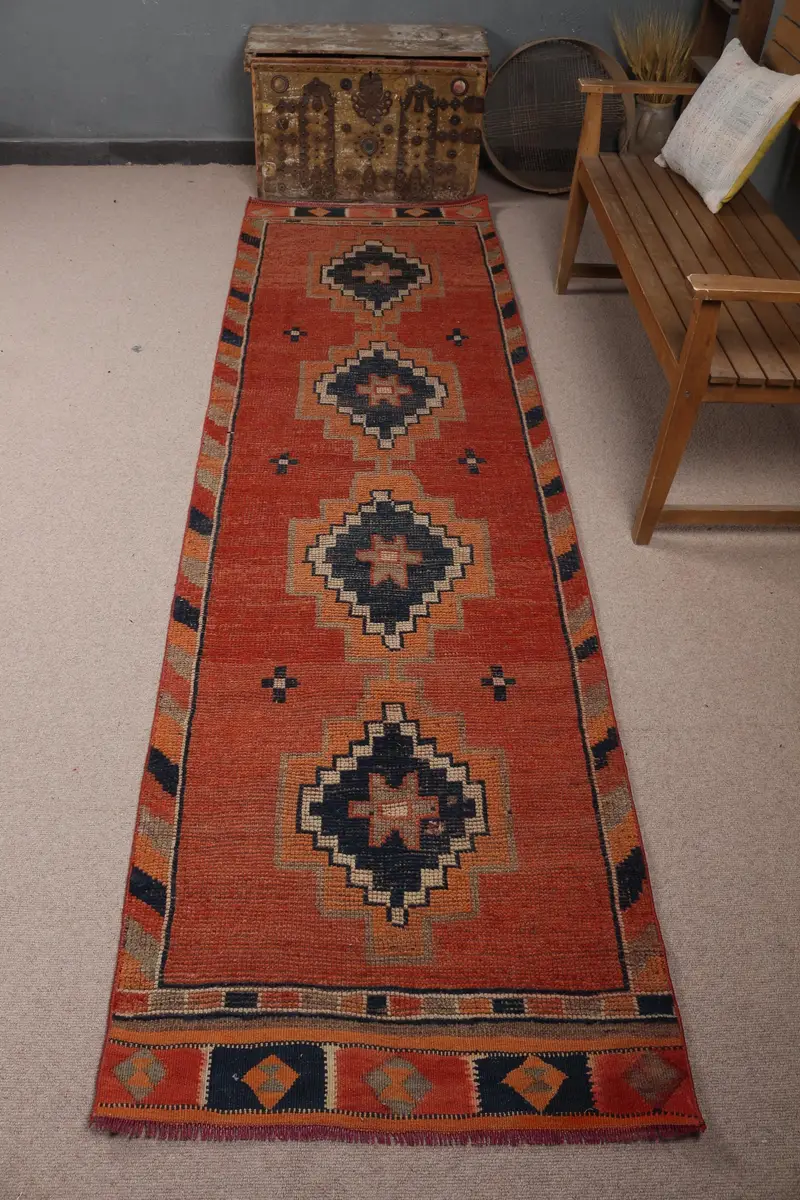Red Moroccan Rug, 2,8x10,1 ft Blue Accents