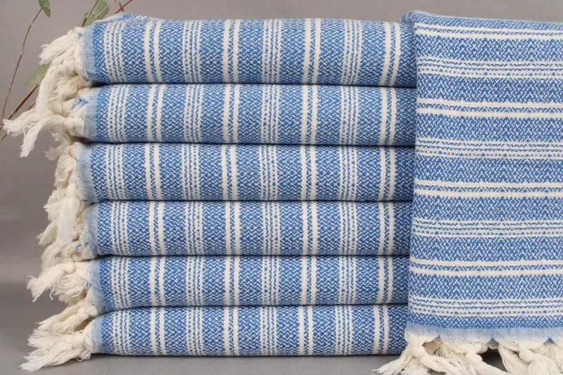 Monogram Dish Towel Sax Blue Stripes, Beige, 18x32 Inches