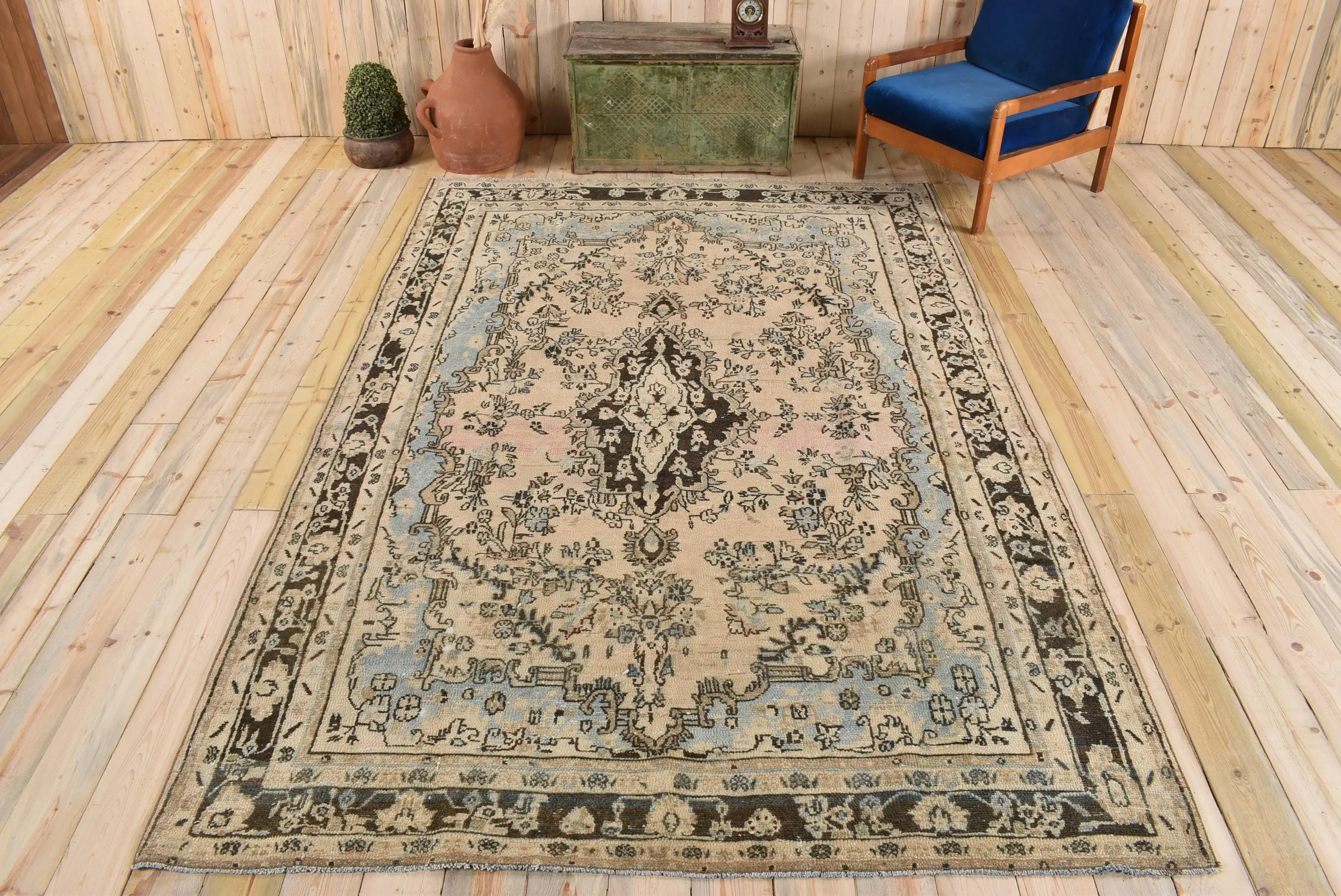 6.4x10 ft Büyük Vintage Halı, Kahverengi Puantiyeli Türk Halısı - 1
