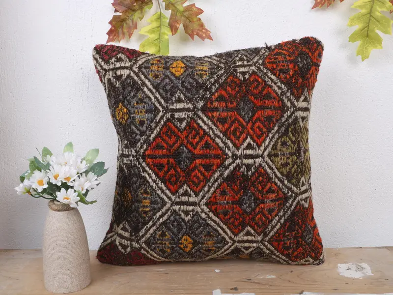 Almohada de tiro bordada roja y bronce, cojín vintage 16x16