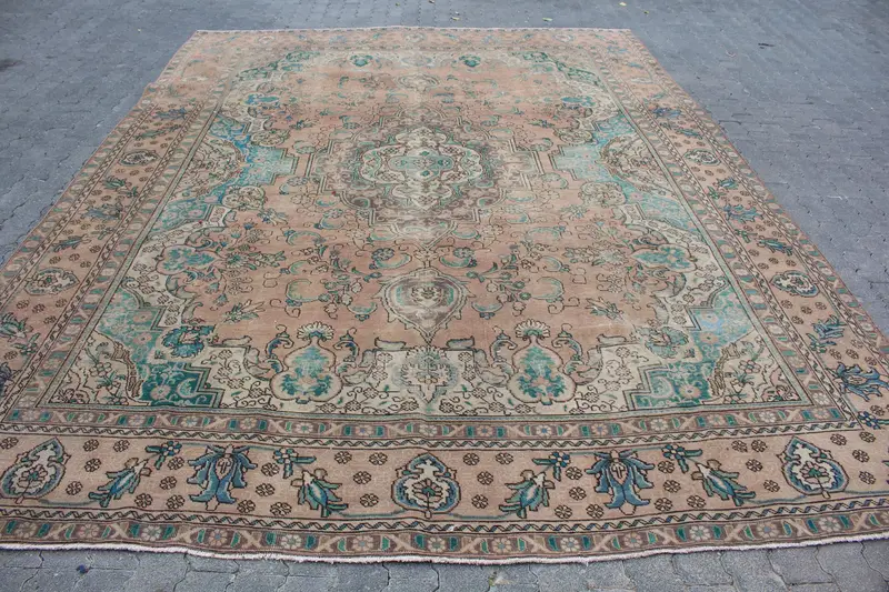 Turkish Oversize Rug 9.6x12.9 ft, Brown Floral Vintage Wool Rug - 1