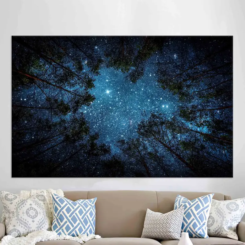Starry Sky Wall Art, Night Sky Landscape, Night View Canvas, Forest Landscape Decor, Living Room Wall Art, Home Decor, Farmhouse Wall Decor, - 2
