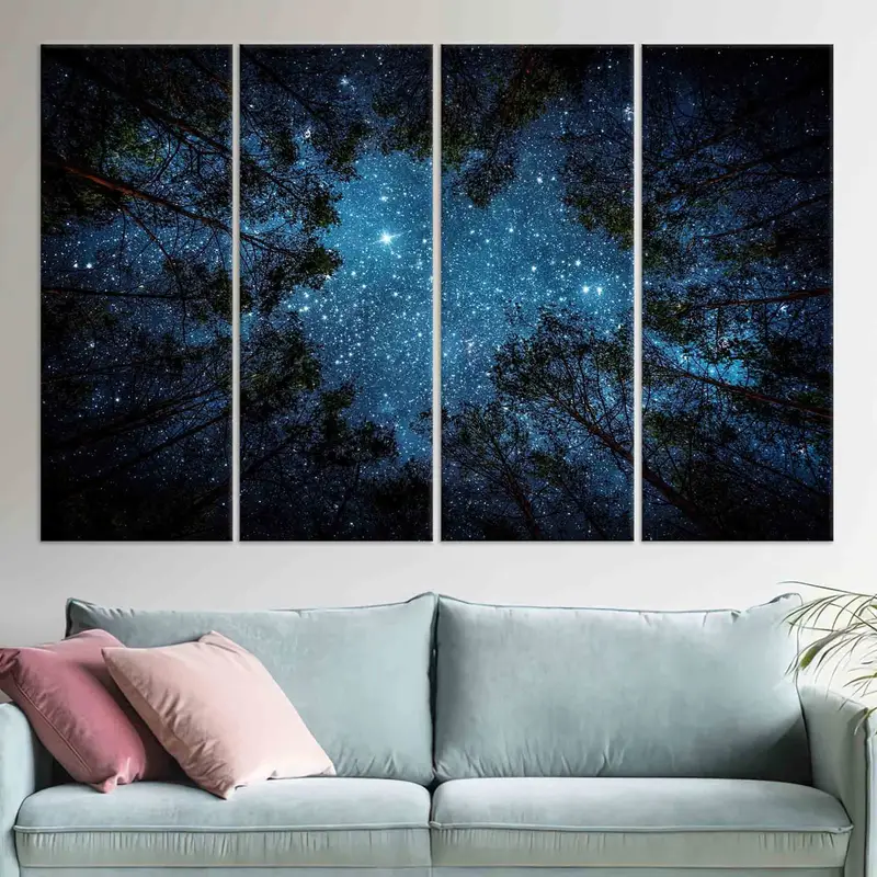 Starry Sky Wall Art, Night Sky Landscape, Night View Canvas, Forest Landscape Decor, Living Room Wall Art, Home Decor, Farmhouse Wall Decor, - 4