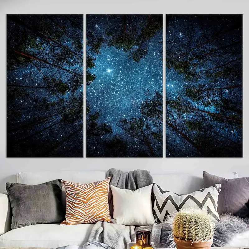Starry Sky Wall Art, Night Sky Landscape, Night View Canvas, Forest Landscape Decor, Living Room Wall Art, Home Decor, Farmhouse Wall Decor, - 3