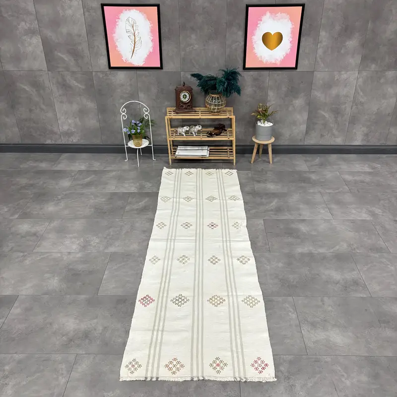 Turkish Kilim Runner Rug 2.4x7.2 ft (74x218 cm), Vintage White Moroccan Wool Rug - 1