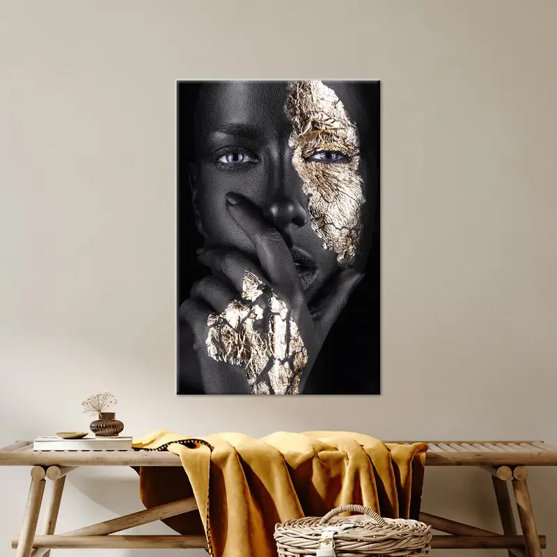 エレガントなアフリカの女性ゴールド メイクアップ キャンバス プリント - 現代アート
