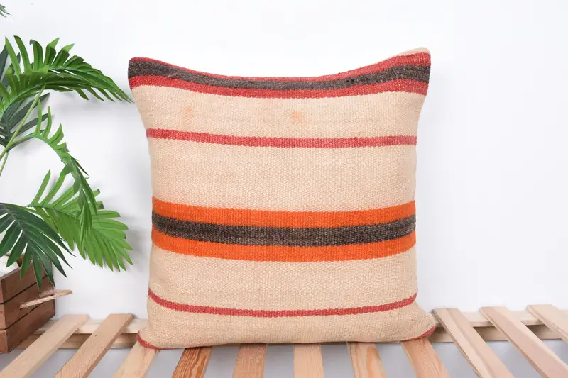 Seat Pillow, Cushion Case, Boho Pillow Sham Cover, 20x20 Beige Cushion, Antique Pillows, Bench Pillow Case, Kilim Cushion Sham - 1