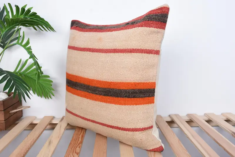 Seat Pillow, Cushion Case, Boho Pillow Sham Cover, 20x20 Beige Cushion, Antique Pillows, Bench Pillow Case, Kilim Cushion Sham - 5