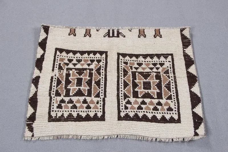 Vintage Türk Halısı 2.8x2 ft (84x60 cm), Oushak Beyaz Soyut Halı - 1