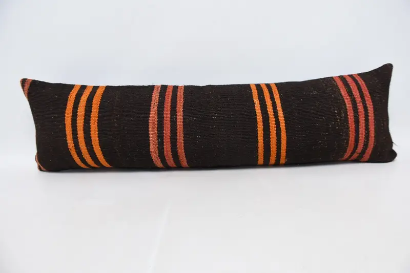 Kahverengi & Turuncu Çizgili Kırlent, El Yapımı Dikdörtgen Yastık