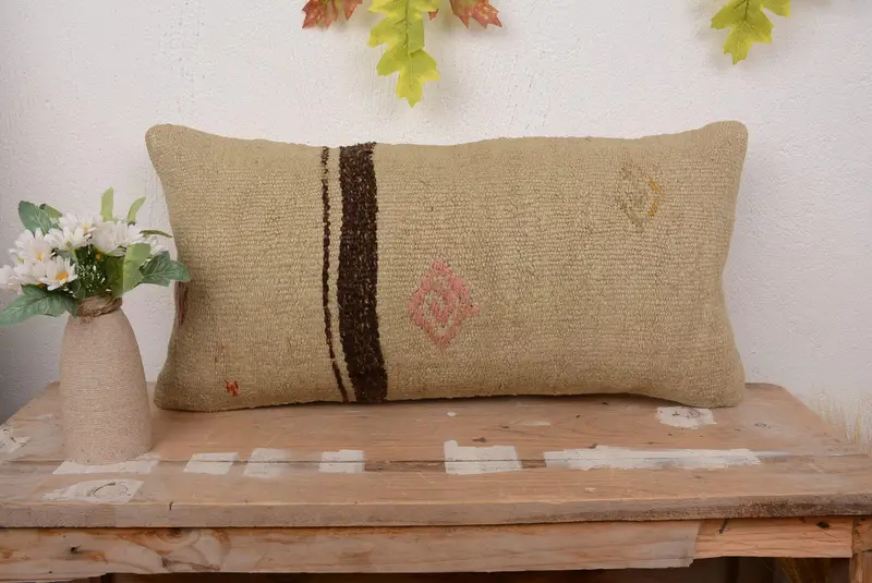 Beige & Brown Striped Pillow, 12x24 Embroidered Throw Pillow
