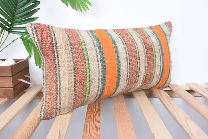 Ethnical Kilim Rug Pillow, Antique Pillows, Pillow for Sofa, Pillow, 12x24 Orange Pillow Case, Garden Pillow Sham, Rustic Pillow Case - 4