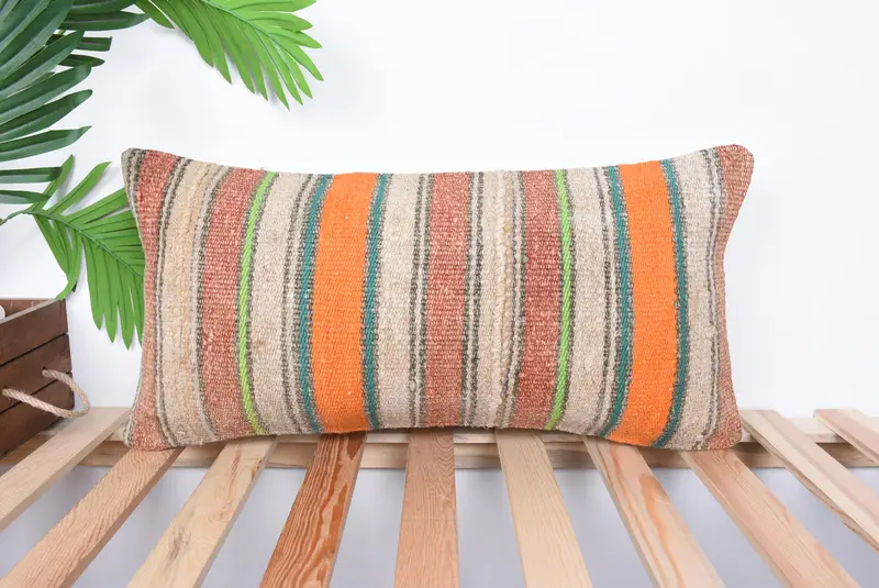 Ethnical Kilim Rug Pillow, Antique Pillows, Pillow for Sofa, Pillow, 12x24 Orange Pillow Case, Garden Pillow Sham, Rustic Pillow Case - 1