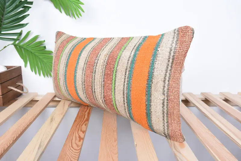 Ethnical Kilim Rug Pillow, Antique Pillows, Pillow for Sofa, Pillow, 12x24 Orange Pillow Case, Garden Pillow Sham, Rustic Pillow Case - 5