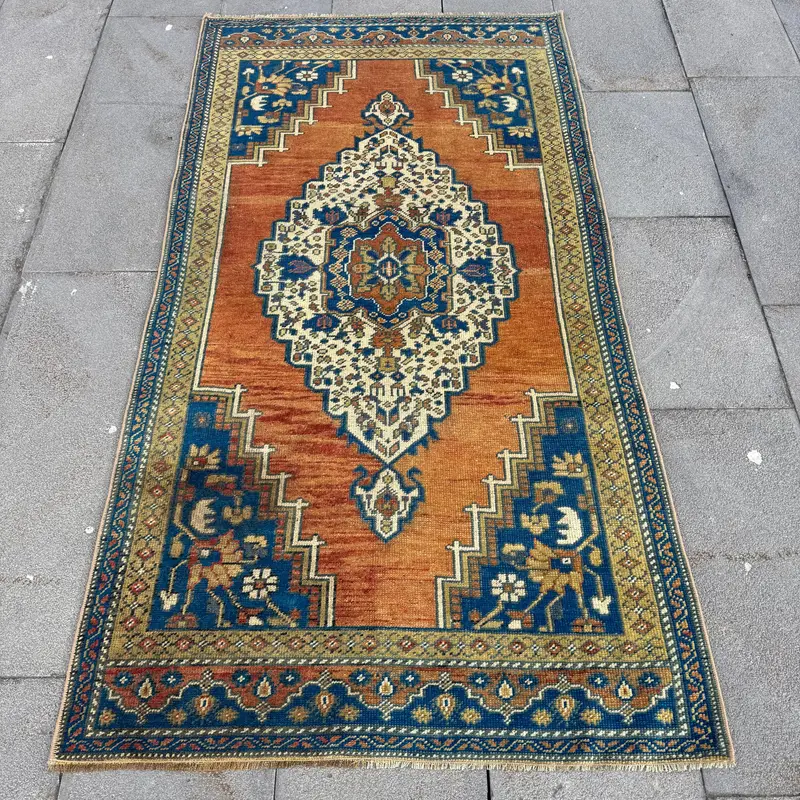 Canlı Turuncu ve Mavi Halı, 3,2x6 ft Doğadan Esinlenen Dekor