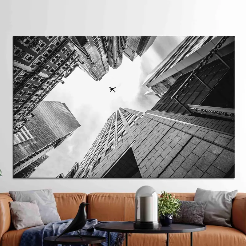Moderne schwarz-weiße Leinwand: Wolkenkratzer und Luftfahrtkunst