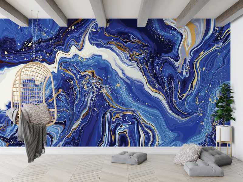 Zarif Baskılı Duvar Kağıdı: Mavi Mermer Modern Soyut Altın