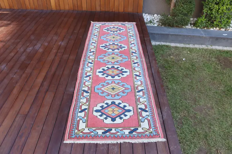 2.6x7.7 ft Vintage Rug, Turkish Runner Rug, Red Blue Plants & trees Rug - 1