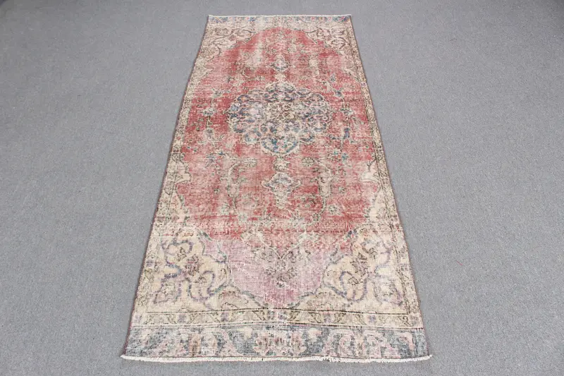 Turkish Vintage Accent Rug 2.8x6.8 ft, Red Blue Rug - 1
