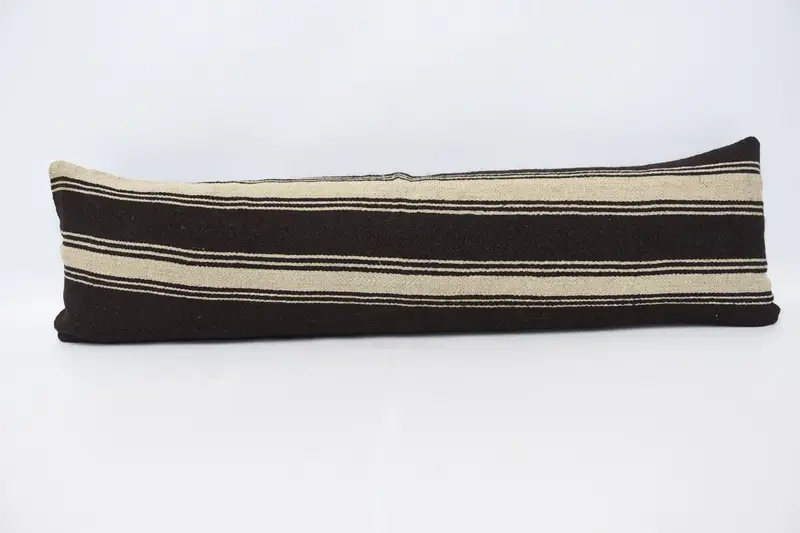 El Yapımı Kahverengi & Bej Çizgili Kırlent, Dikdörtgen Vintage Yastık