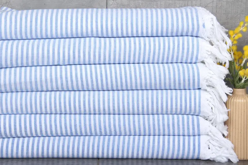 Custom Striped Sax Blue Beach Towel Turkish Cotton, 36x67 Inches