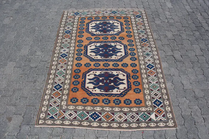 Vintage Oushak Rug 4.7x6.7 ft (144x204 cm), Blue Floral Turkish Rug - 1