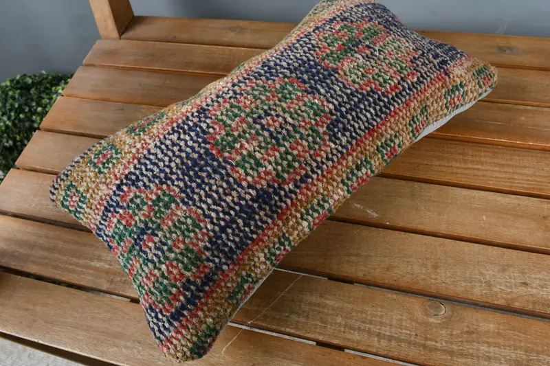 Cushion Case, Turkish Kilim Pillow, Boho Pillow, Vintage Kilim Throw Pillow, 8x16 Blue Cushion Case, Bench Cushion, Outdoor Bolster Cushion Case - 2