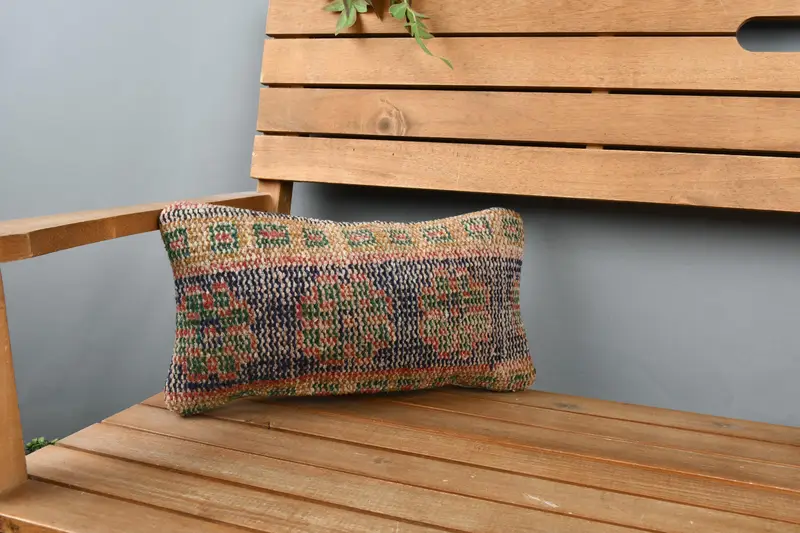 Cushion Case, Turkish Kilim Pillow, Boho Pillow, Vintage Kilim Throw Pillow, 8x16 Blue Cushion Case, Bench Cushion, Outdoor Bolster Cushion Case - 1