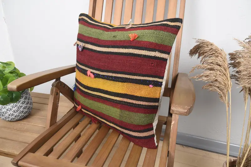 Turkish Kilim Pillow, Customized Cushion, Pillow, Vintage Kilim Throw Pillow, Pillow for Couch, 20x20 Green Pillow Cover, Square Throw Cushion - 3