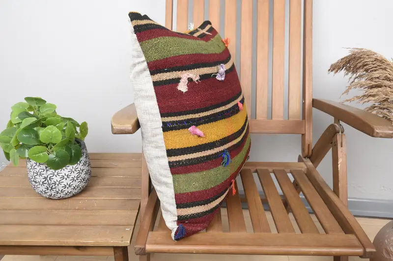 Turkish Kilim Pillow, Customized Cushion, Pillow, Vintage Kilim Throw Pillow, Pillow for Couch, 20x20 Green Pillow Cover, Square Throw Cushion - 2