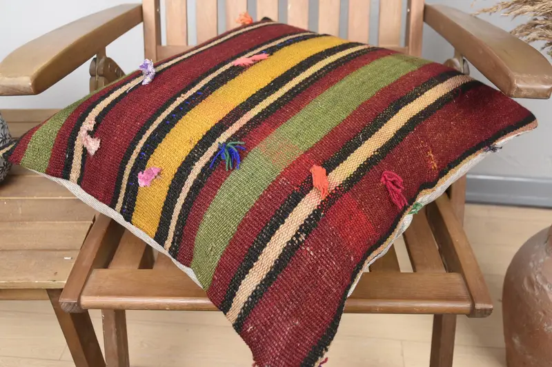 Turkish Kilim Pillow, Customized Cushion, Pillow, Vintage Kilim Throw Pillow, Pillow for Couch, 20x20 Green Pillow Cover, Square Throw Cushion - 4