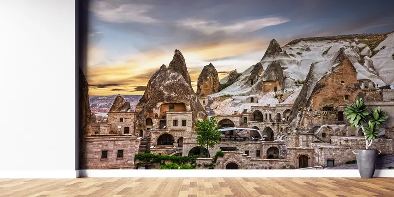 印刷されたギョレメの夕日の壁紙: トルコのカッパドキアの優雅さ