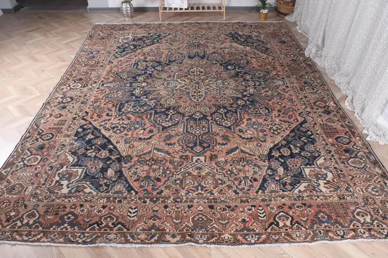 手作りのオレンジとブルーのラグ、0.8x12.5フィートの幾何学模様の花柄