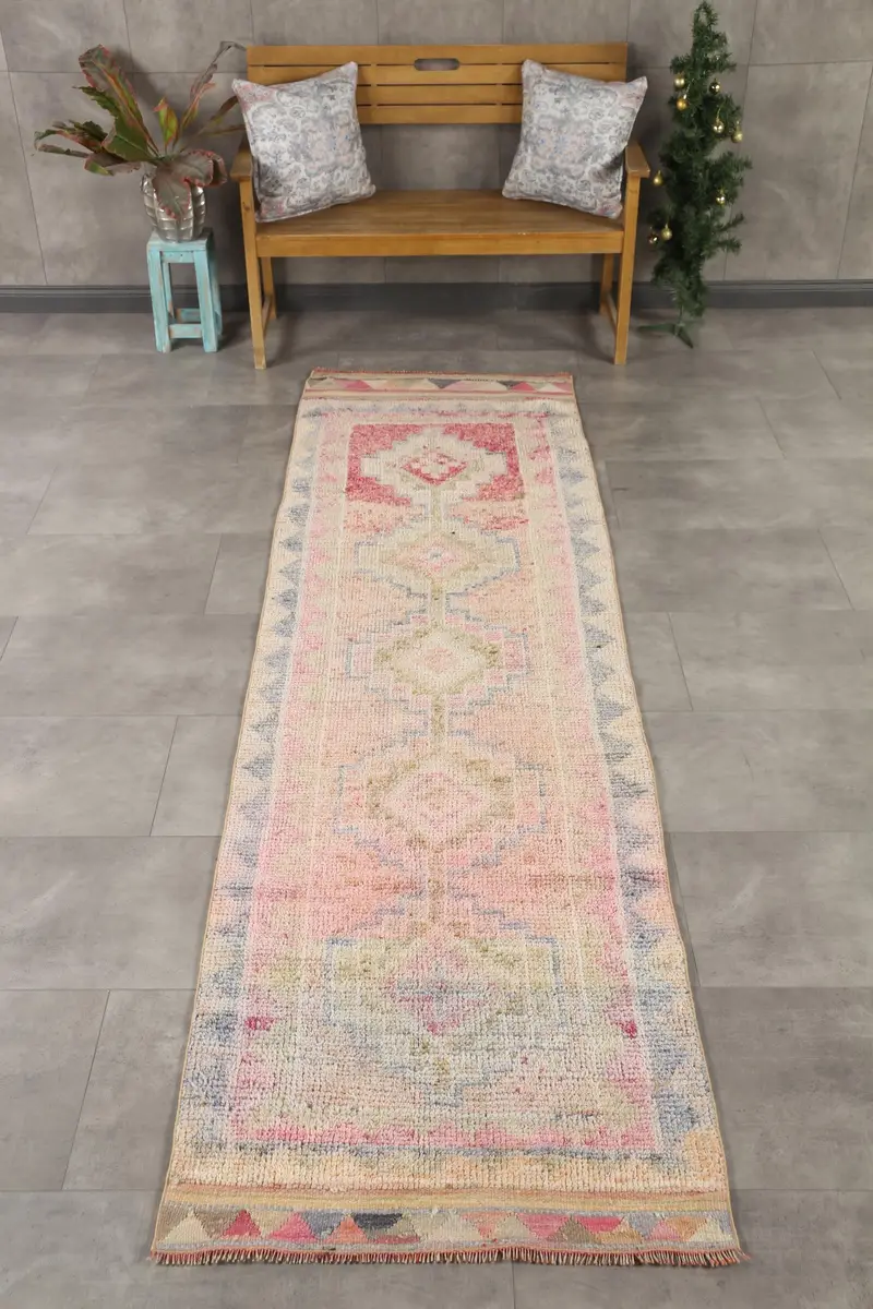 Vintage Rug, 2.8x10.4 ft Turkish Rug, Pink Blue Bordered Wool Rug - 1