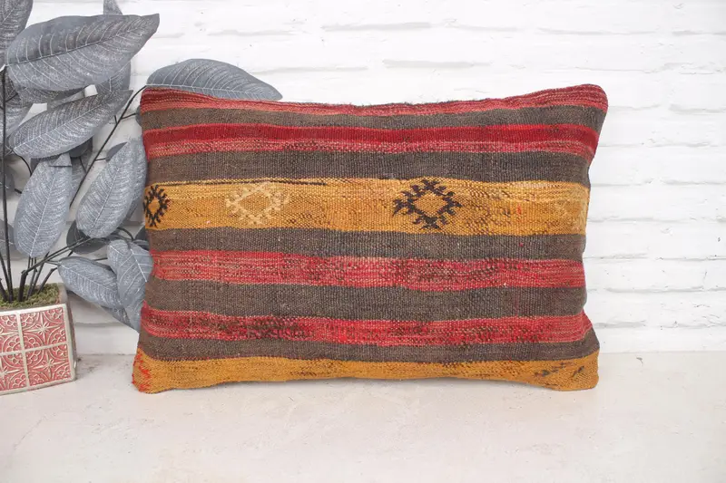 Turkish Pillow, Cushion Case, Turkish Kilim Pillow, 16x24 Red Pillow, Rustic Cushion Case, Kilim Cushion Sham, Traditional Pillow Cover - 1