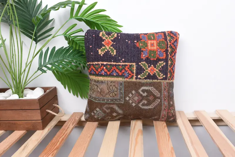 Throw Kilim Pillow, Cushion Cover, Ikat Cushion, 14x14 Green Pillow Cover, Kilim Cushion Sham, Vintage Kilim Throw Pillow, Turkish Rugs Pillow Case - 1