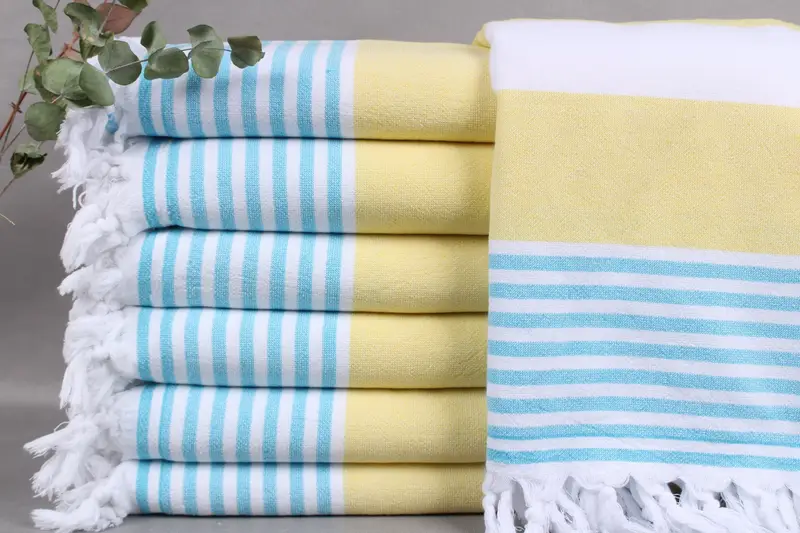 Personalized Yellow-Turquoise Striped Terry Peshtemal, Organic Cotton, 36x67 Inches