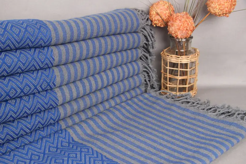 Turkish Towel Embroidered Beach Towel Sax Blue Diamond, 40x71 Inches