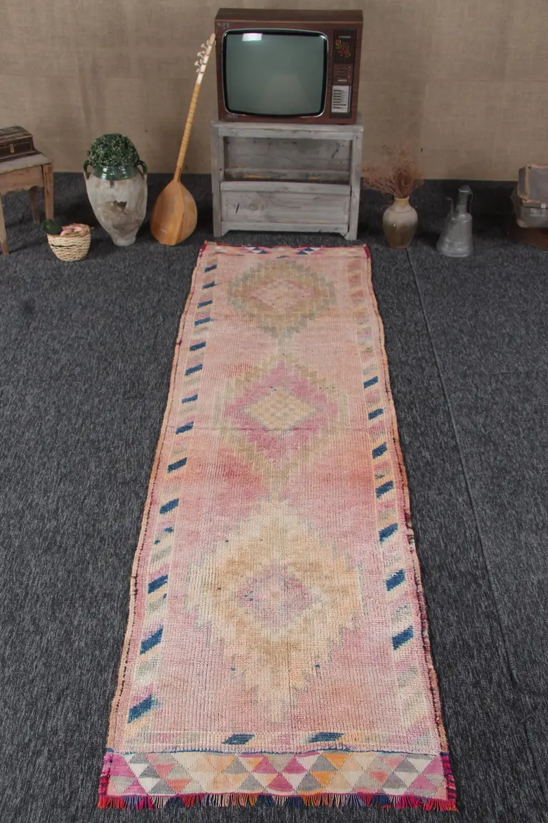 3x9.8 ft Vintage Rug, Turkish Runner Rug, Pink Blue Check Wool Rug - 1