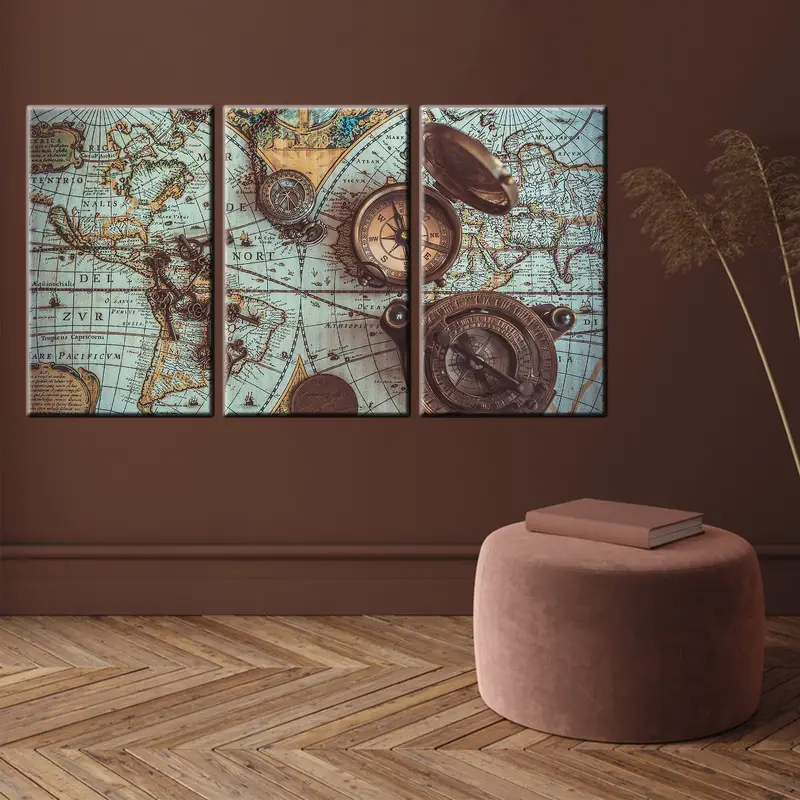 Antique World Map Canvas, Compass, Brass Pocket Compass, Vintage World Map, Vintage Canvas, Retro Wall Art, Vintage Map Table, Old World Map - 6