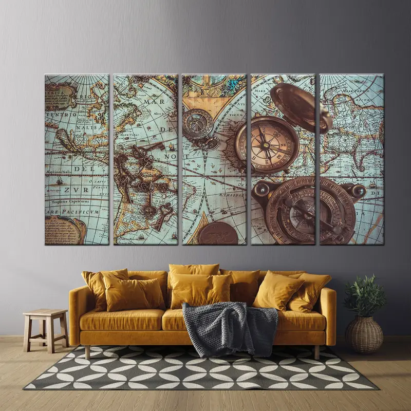 Antique World Map Canvas, Compass, Brass Pocket Compass, Vintage World Map, Vintage Canvas, Retro Wall Art, Vintage Map Table, Old World Map - 8
