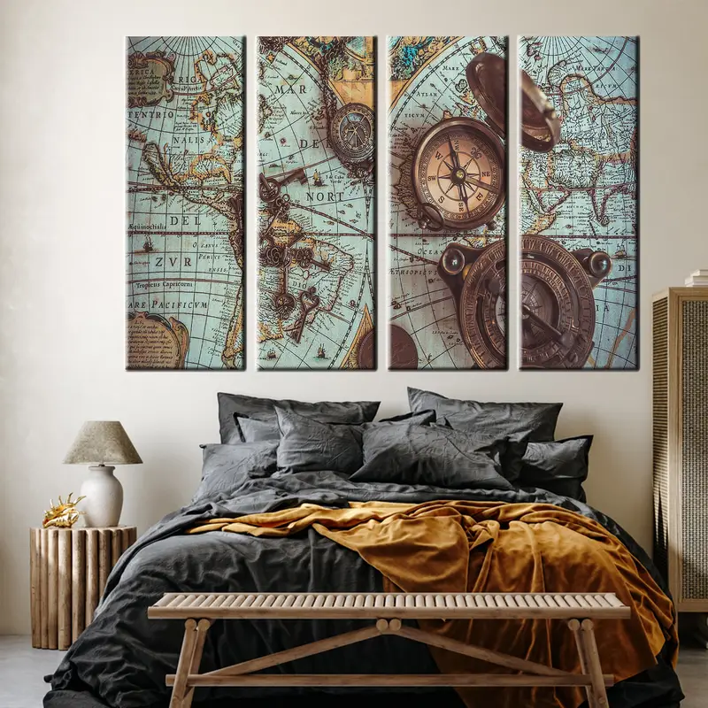Antique World Map Canvas, Compass, Brass Pocket Compass, Vintage World Map, Vintage Canvas, Retro Wall Art, Vintage Map Table, Old World Map - 7