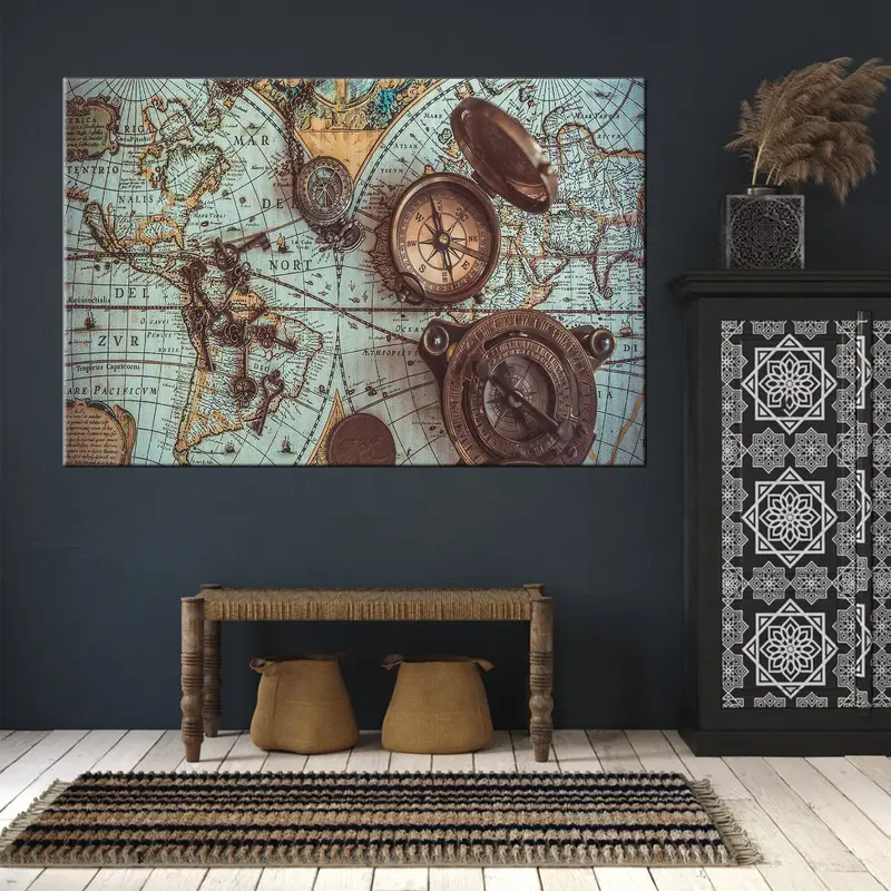 Antique World Map Canvas, Compass, Brass Pocket Compass, Vintage World Map, Vintage Canvas, Retro Wall Art, Vintage Map Table, Old World Map - 4