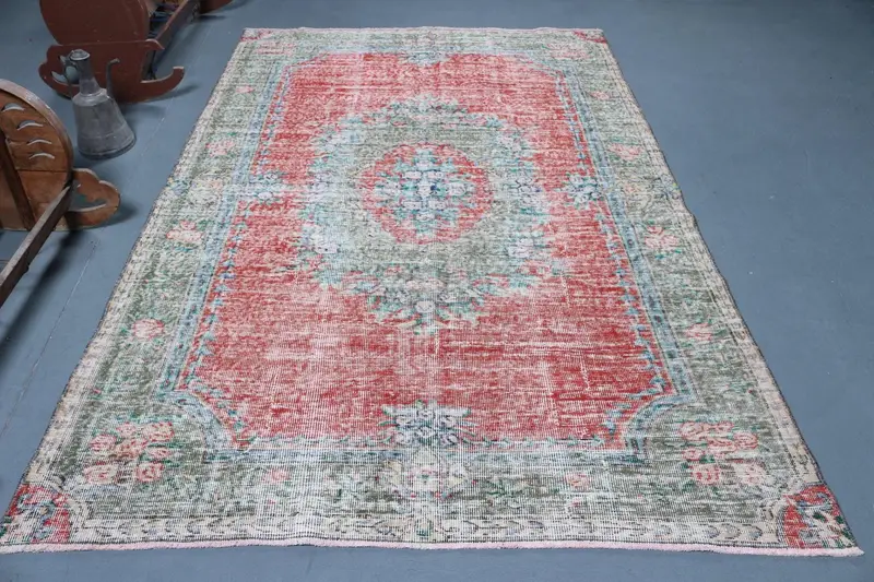 5.7x8.5 ft Turkish Oushak Rug, Red Vintage Wool Rug - 1